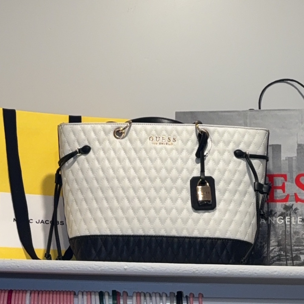 Guess White and Black Quilted Tote Bag NWT